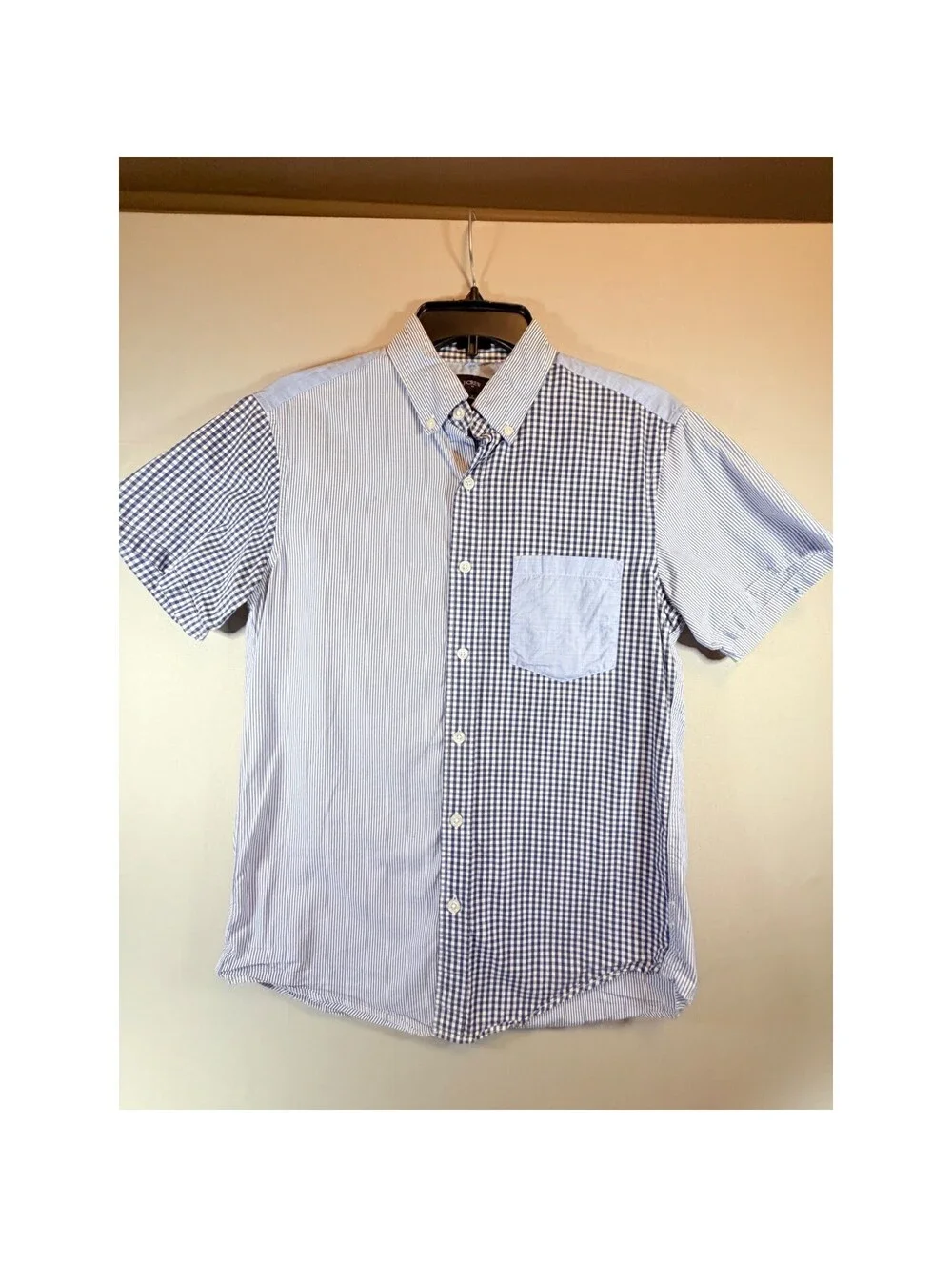 J.Crew Mens Mixed Pattern Patchwork Shirt Blue Gingham Stripe G5960 Small